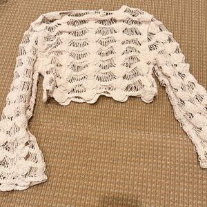 Open-Knit Crochet Long Sleeve Crop Top - Cream